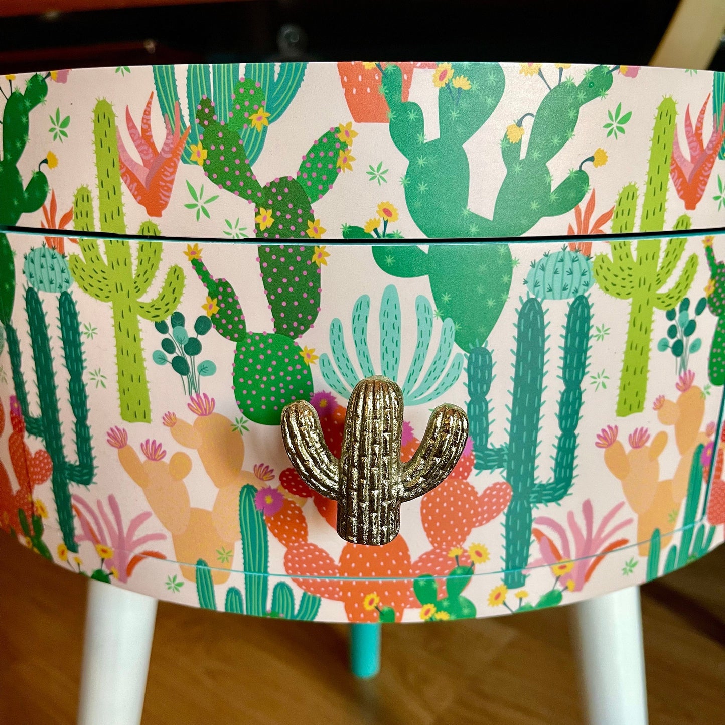 Cactus - Cream and Green side table, southwestern decor for home, turquoise tray top end tables for bedroom, plant decor 5th anniversary gift nightstand