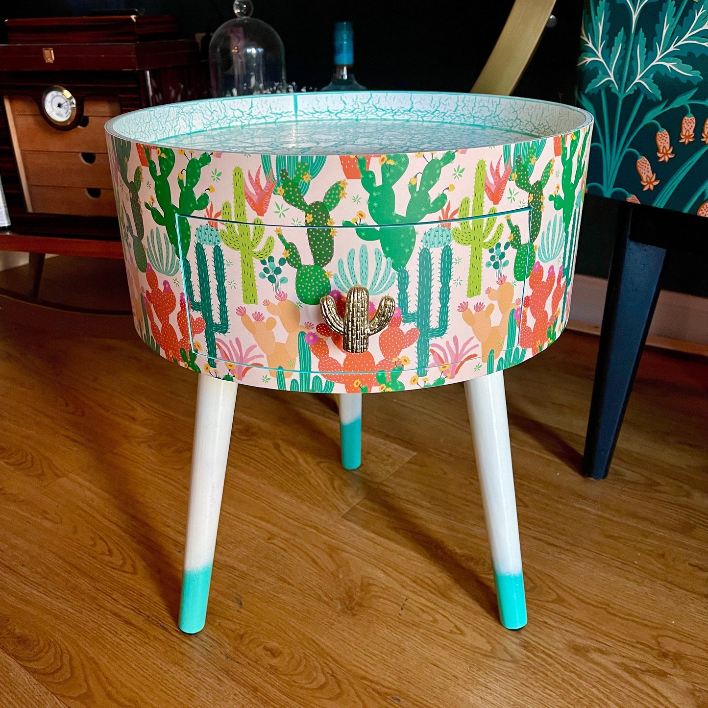 Cactus - Cream and Green side table, southwestern decor for home, turquoise tray top end tables for bedroom, plant decor 5th anniversary gift nightstand