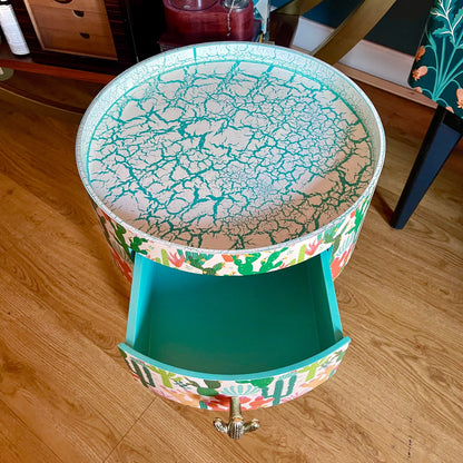 Cactus - Cream and Green side table, southwestern decor for home, turquoise tray top end tables for bedroom, plant decor 5th anniversary gift nightstand