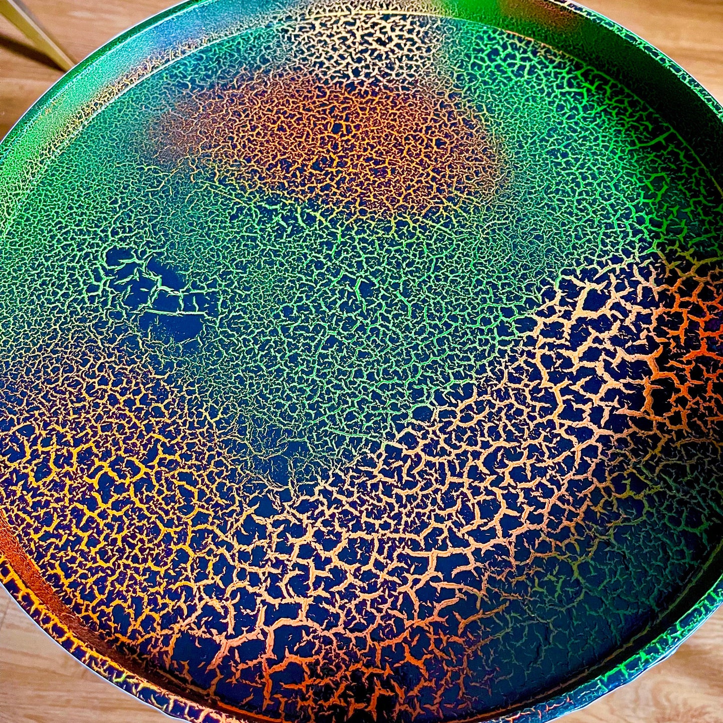 Cactus print - Black round wooden side table with drawer  green orange black bedside table/ bed side table/ cabinet , Built in wooden drawer