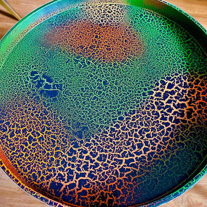 Cactus print - Black round wooden side table with drawer  green orange black bedside table/ bed side table/ cabinet , Built in wooden drawer