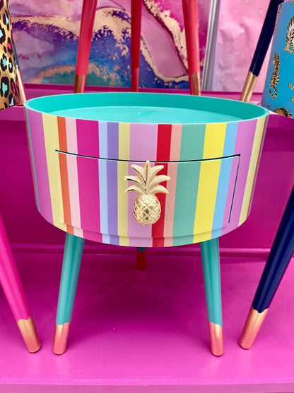 Rainbow - Refresher stripe  multicoloured round  side table . Circular wooden bedside table with drawer. Ideal Nighstand or bedside table