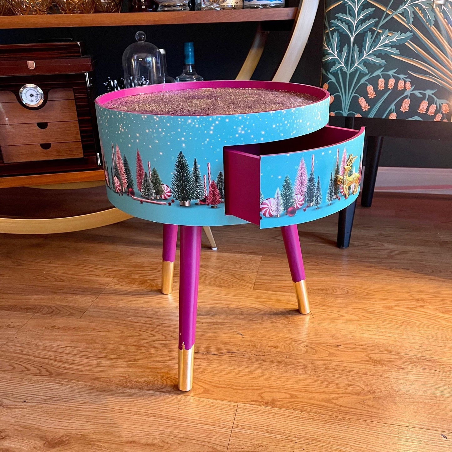 Christmas - Mint and Pink plum round bedside table , Christmas design with glitter top. Ideal for Nightstand or side table. Christmas stag, candy canes