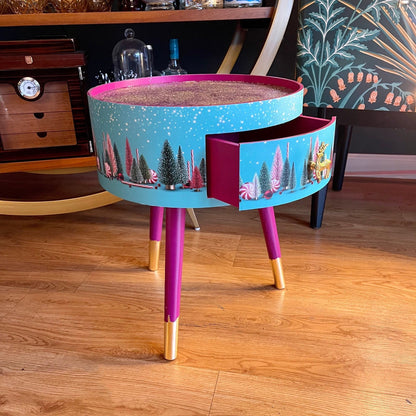 Christmas - Mint and Pink plum round bedside table , Christmas design with glitter top. Ideal for Nightstand or side table. Christmas stag, candy canes