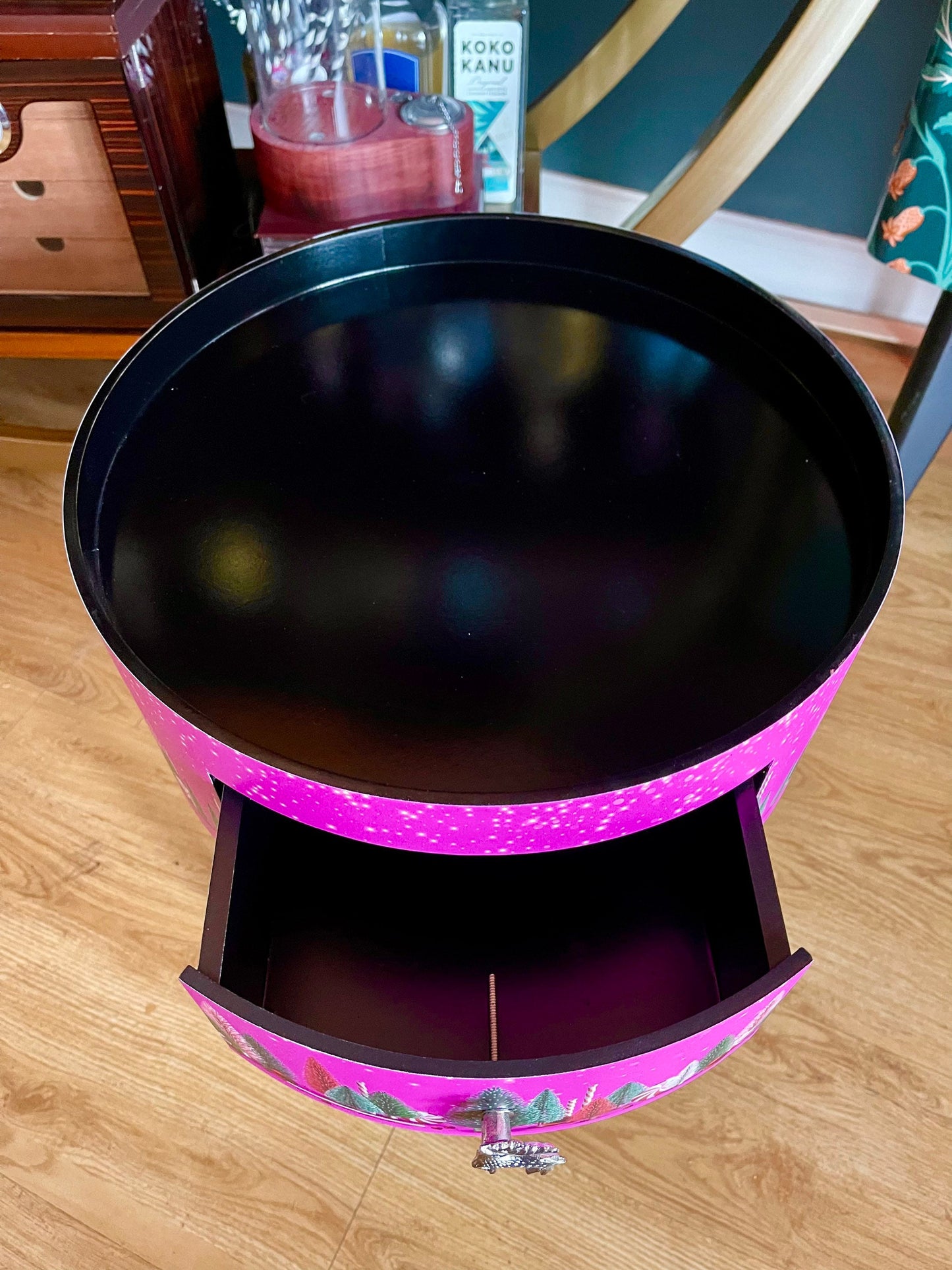 Christmas - Hot pink and black round bedside table , Christmas design. Ideal for Nightstand or side table. Christmas stag, candy canes