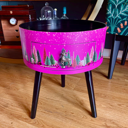 Christmas - Hot pink and black round bedside table , Christmas design. Ideal for Nightstand or side table. Christmas stag, candy canes