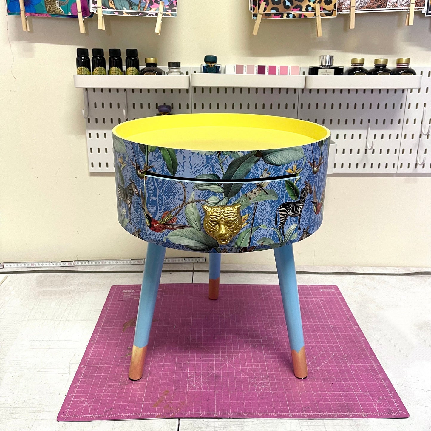 Round primrose yellow and baby blue zebra side table, leaf and tropical design Nightstand with drawer . Quirky fun table