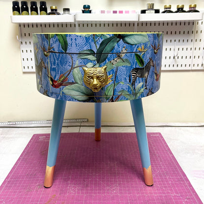 Round primrose yellow and baby blue zebra side table, leaf and tropical design Nightstand with drawer . Quirky fun table