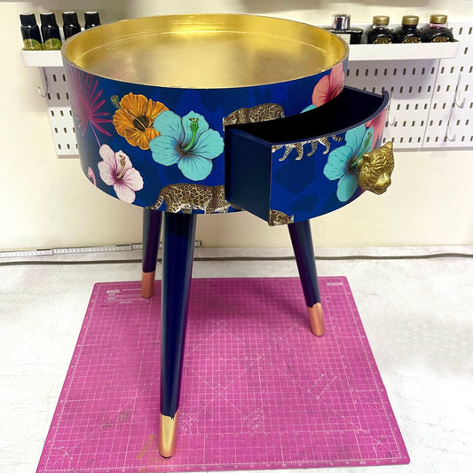 Flocking Fab - Navy and Gold blue side table. Round wooden table with drawer in leopard and flamingo Personalised nightstand and side table.