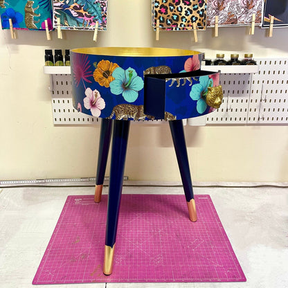 Flocking Fab - Navy and Gold blue side table. Round wooden table with drawer in leopard and flamingo Personalised nightstand and side table.
