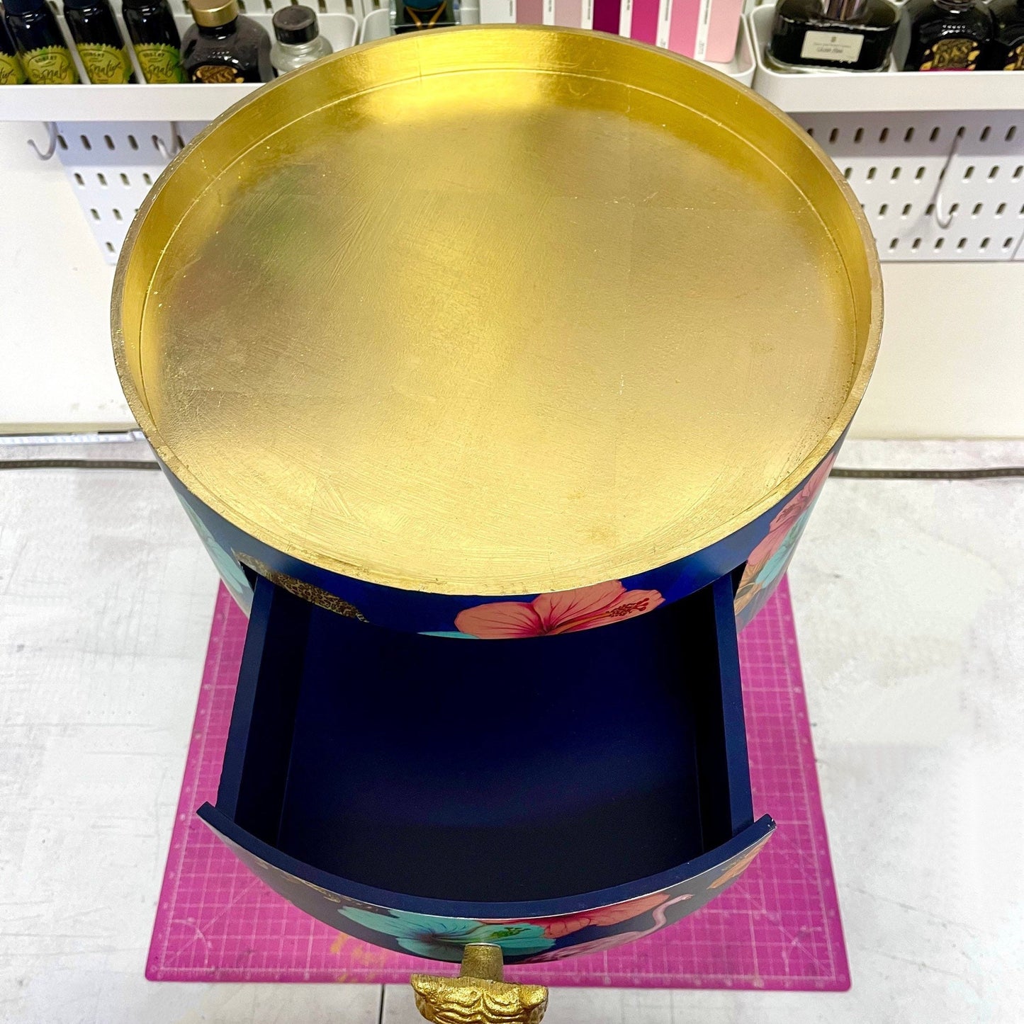 Flocking Fab - Navy and Gold blue side table. Round wooden table with drawer in leopard and flamingo Personalised nightstand and side table.