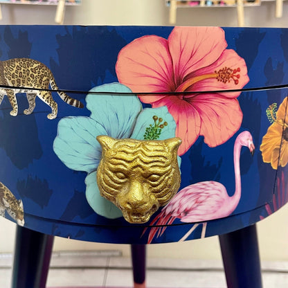 Flocking Fab - Navy and Gold blue side table. Round wooden table with drawer in leopard and flamingo Personalised nightstand and side table.