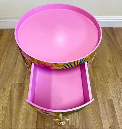 Flocking Fab - Yellow Round eclectic yellow nightstand with tropical design, mustard bedside table with built in drawer