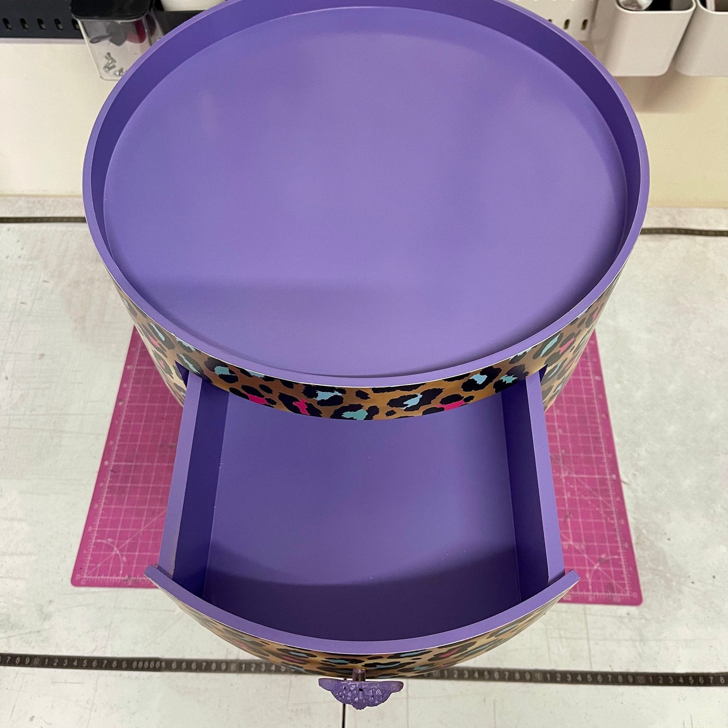 Leopard Print - Gold Lilac purple, pink leopard round bedside table . Fun Bright Home Decor . Ideal for Nightstand or side table. Cheetah Print gold design