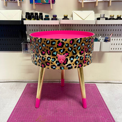Leopard Print - Gold Hot Pink Magenta leopard round bedside table . Fun Bright Home Decor . Ideal for Nightstand or side table. Cheetah Print gold leaf design
