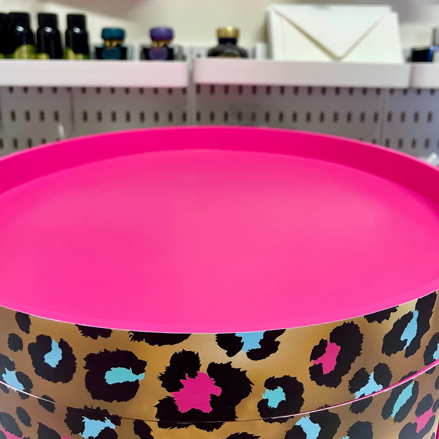 Leopard Print - Gold Hot Pink Magenta leopard round bedside table . Fun Bright Home Decor . Ideal for Nightstand or side table. Cheetah Print gold leaf design