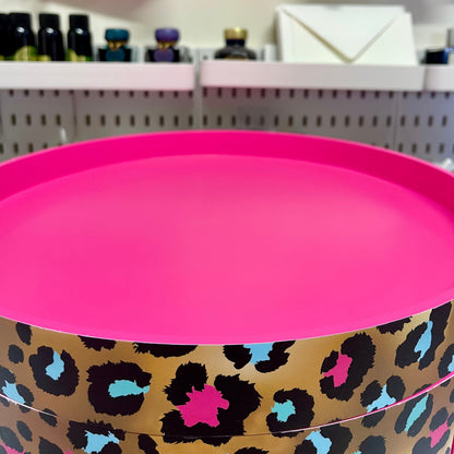 Leopard Print - Gold Hot Pink Magenta leopard round bedside table . Fun Bright Home Decor . Ideal for Nightstand or side table. Cheetah Print gold leaf design