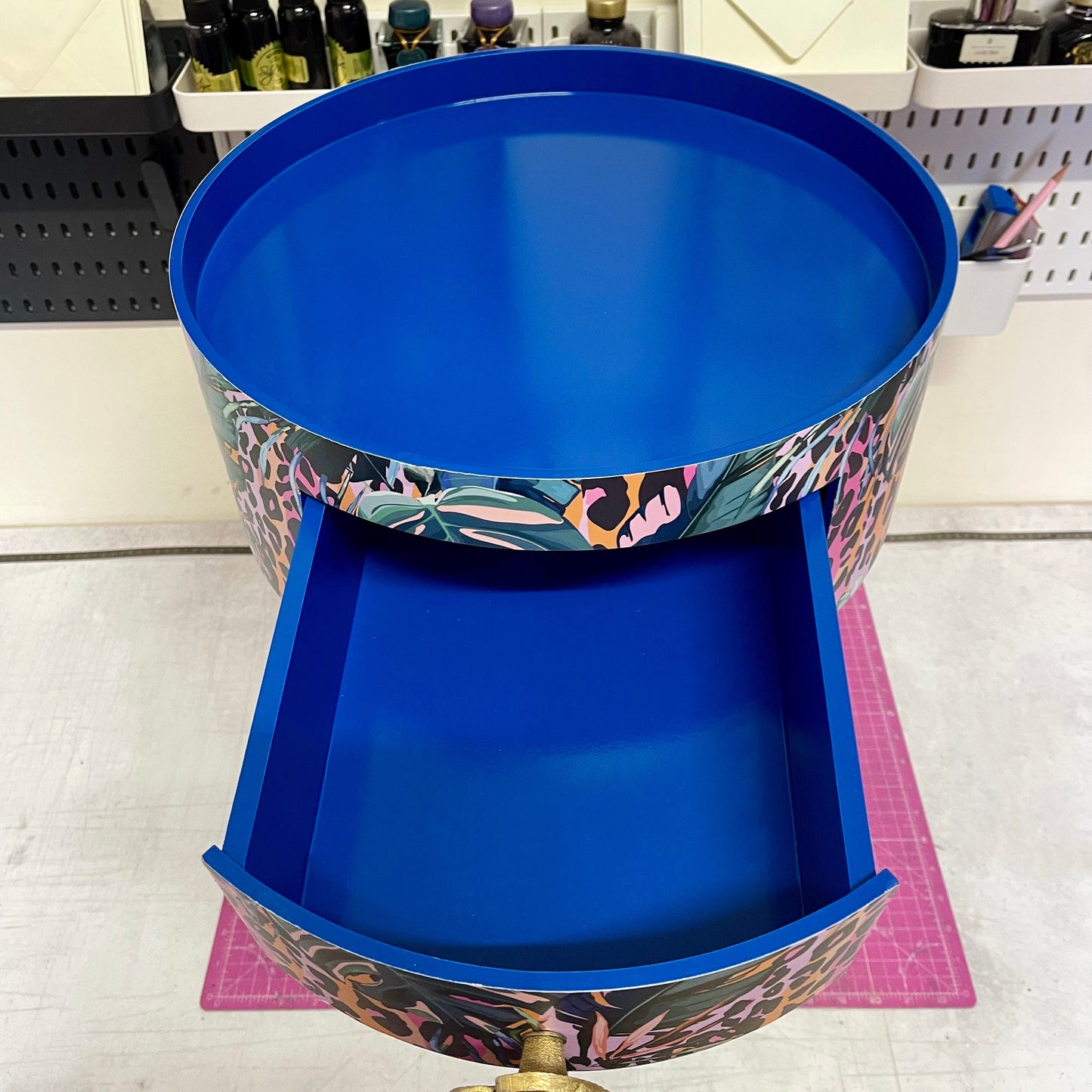 Leopard with Palm - Cobalt blue, pink and orange side table. Leopard print design with leaf design. Personalised round nightstand and side table.