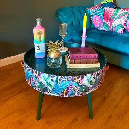 Round coffee table , tropical green pink and orange leopard print , Animal and floral print.  Round table, lift off top for storage