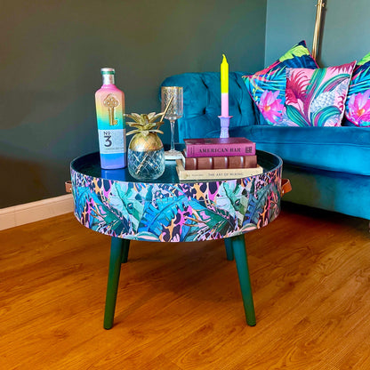 Round coffee table , tropical green pink and orange leopard print , Animal and floral print.  Round table, lift off top for storage