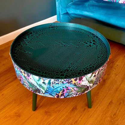 Round coffee table , tropical green pink and orange leopard print , Animal and floral print.  Round table, lift off top for storage