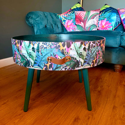 Round coffee table , tropical green pink and orange leopard print , Animal and floral print.  Round table, lift off top for storage