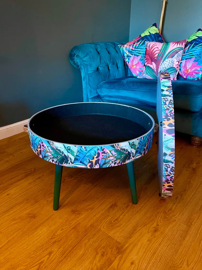 Round coffee table , tropical green pink and orange leopard print , Animal and floral print.  Round table, lift off top for storage