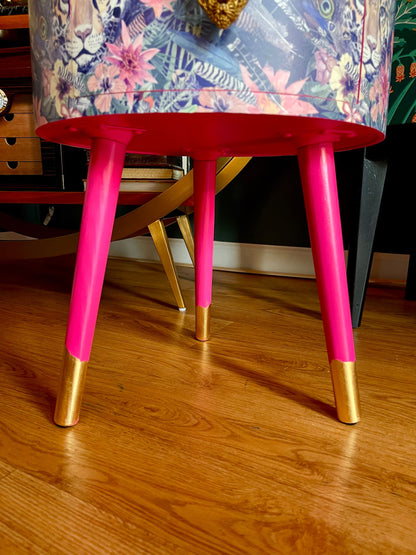Leopard in Jungle - Hot pink bedside table, green and navy leopard and floral design. Wooden cheetah side table with drawer. Quirky Nightstand for bedroom