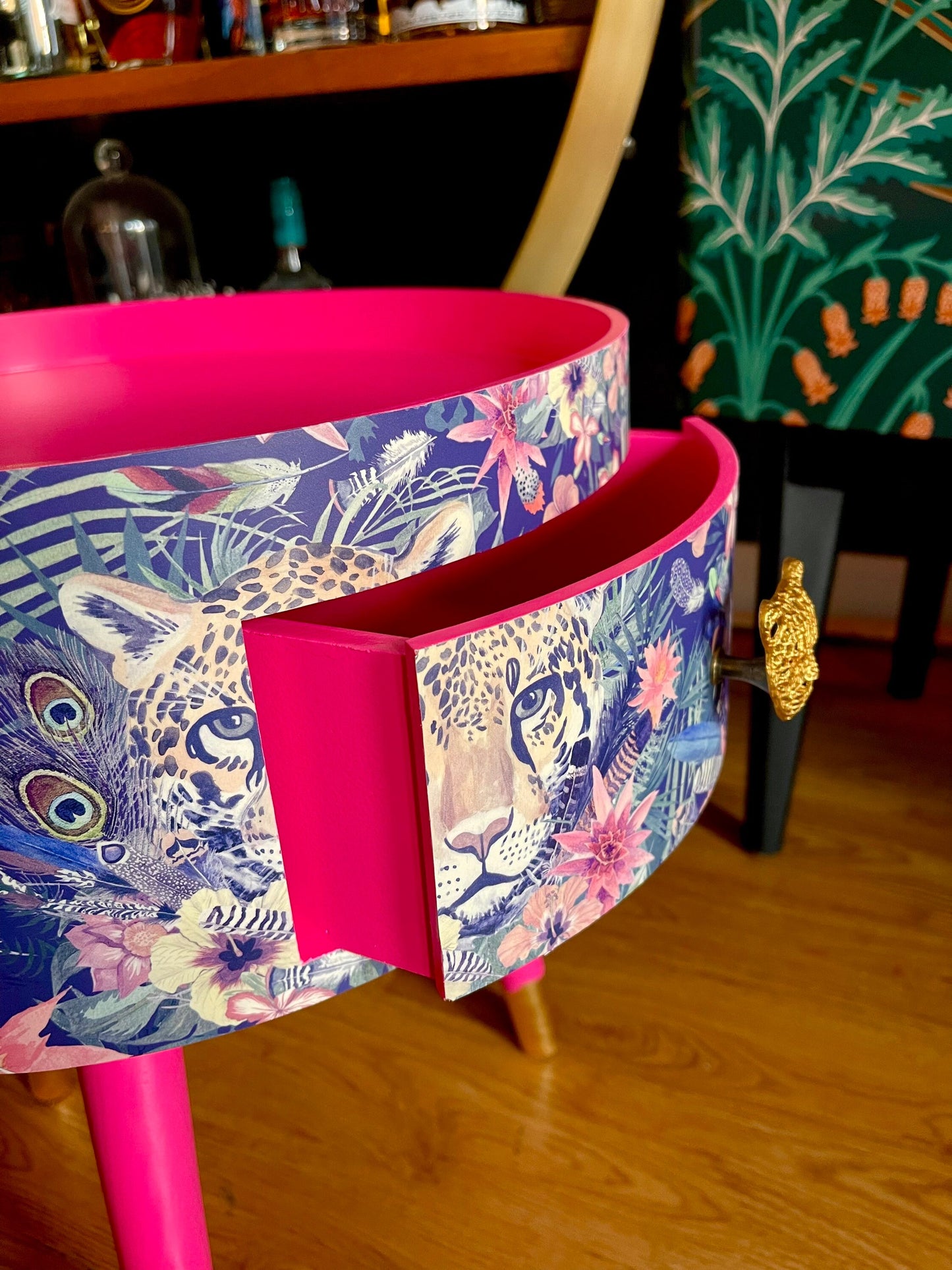 Leopard in Jungle - Hot pink bedside table, green and navy leopard and floral design. Wooden cheetah side table with drawer. Quirky Nightstand for bedroom