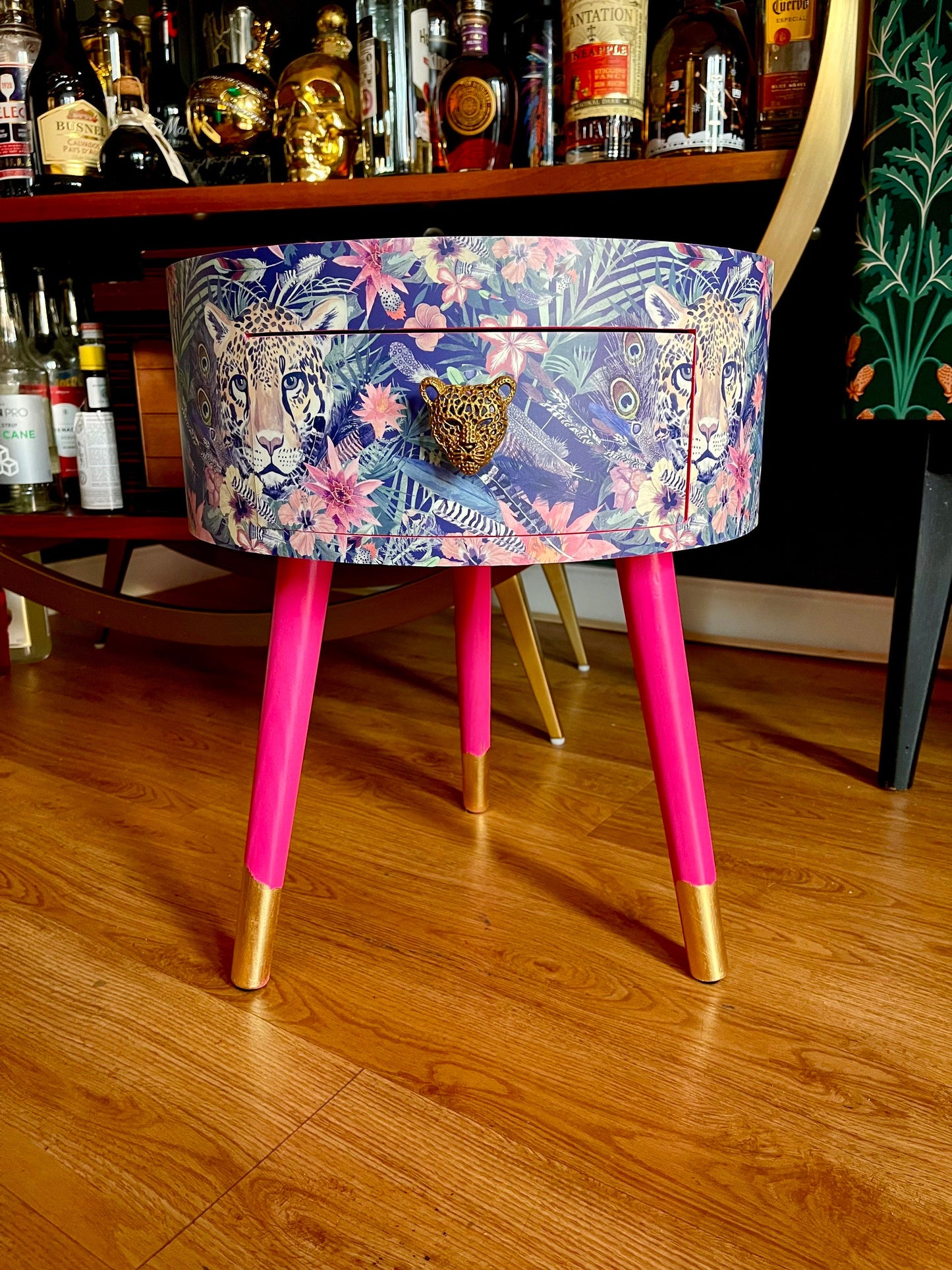 Leopard in Jungle - Hot pink bedside table, green and navy leopard and floral design. Wooden cheetah side table with drawer. Quirky Nightstand for bedroom