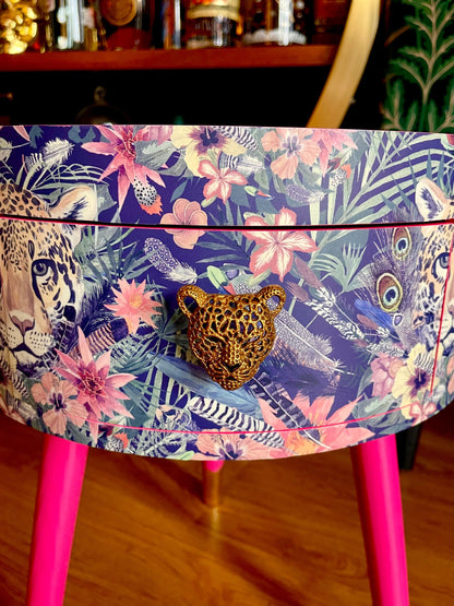 Leopard in Jungle - Hot pink bedside table, green and navy leopard and floral design. Wooden cheetah side table with drawer. Quirky Nightstand for bedroom