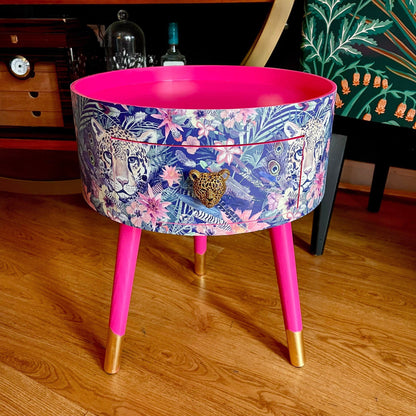 Leopard in Jungle - Hot pink bedside table, green and navy leopard and floral design. Wooden cheetah side table with drawer. Quirky Nightstand for bedroom