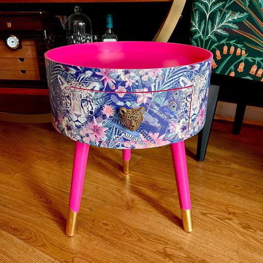 Leopard in Jungle - Hot pink bedside table, green and navy leopard and floral design. Wooden cheetah side table with drawer. Quirky Nightstand for bedroom