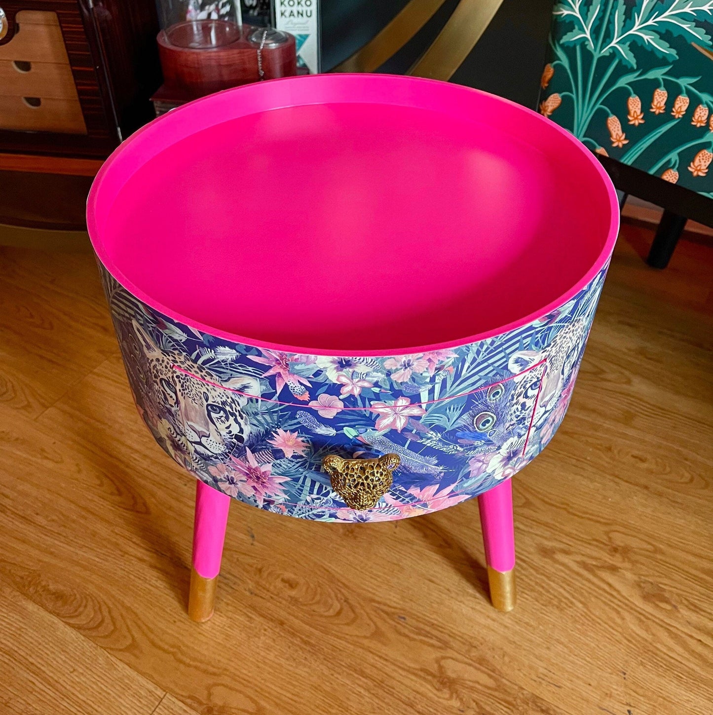 Leopard in Jungle - Hot pink bedside table, green and navy leopard and floral design. Wooden cheetah side table with drawer. Quirky Nightstand for bedroom