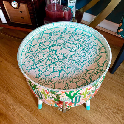 Cactus - Cream and Green side table, southwestern decor for home, turquoise tray top end tables for bedroom, plant decor 5th anniversary gift nightstand