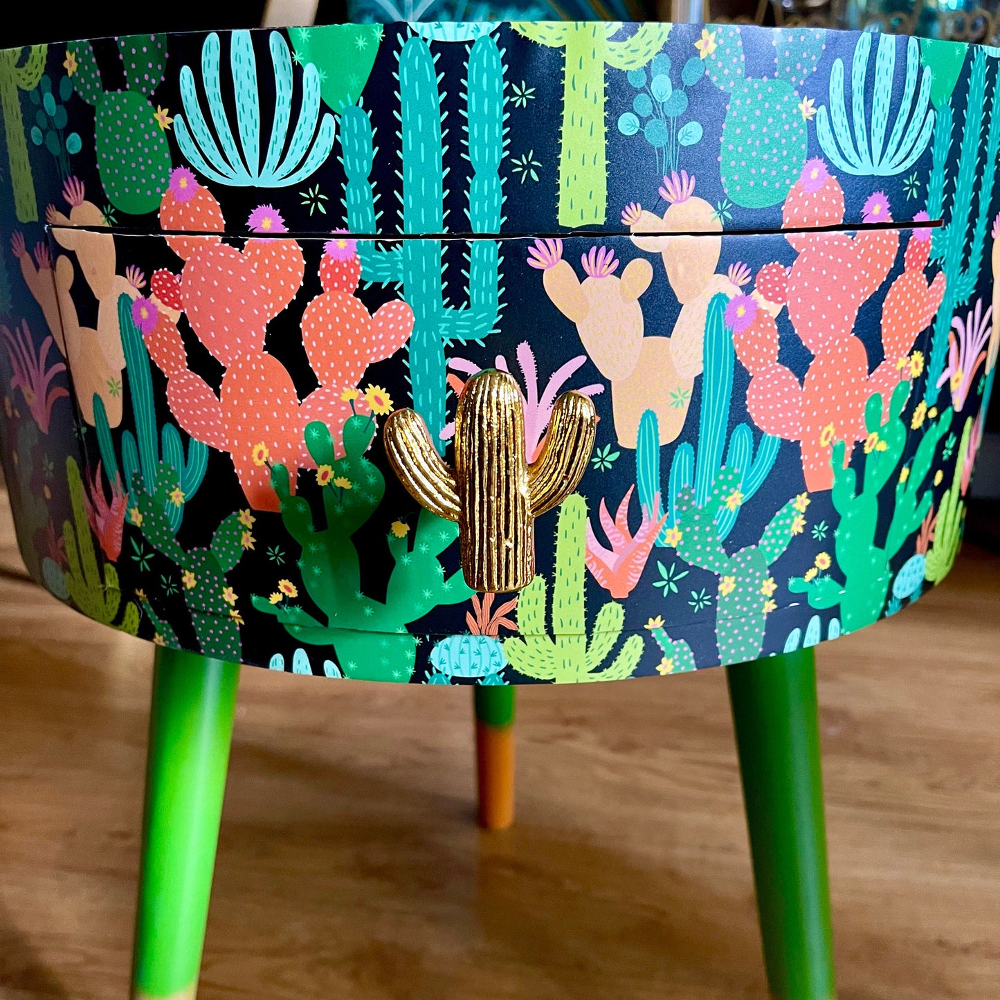 Cactus print - Black round wooden side table with drawer  green orange black bedside table/ bed side table/ cabinet , Built in wooden drawer