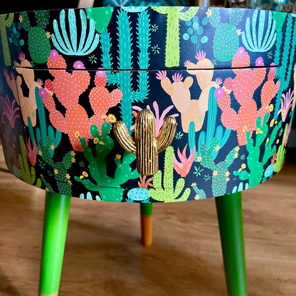 Cactus print - Black round wooden side table with drawer  green orange black bedside table/ bed side table/ cabinet , Built in wooden drawer