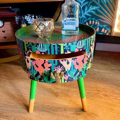 Cactus print - Black round wooden side table with drawer  green orange black bedside table/ bed side table/ cabinet , Built in wooden drawer