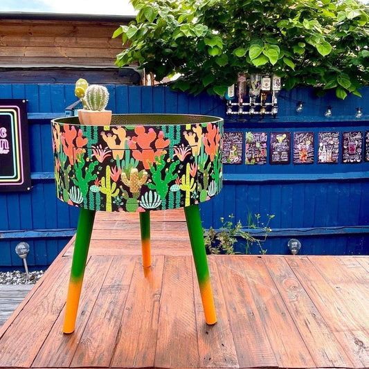 Cactus print - Black round wooden side table with drawer  green orange black bedside table/ bed side table/ cabinet , Built in wooden drawer