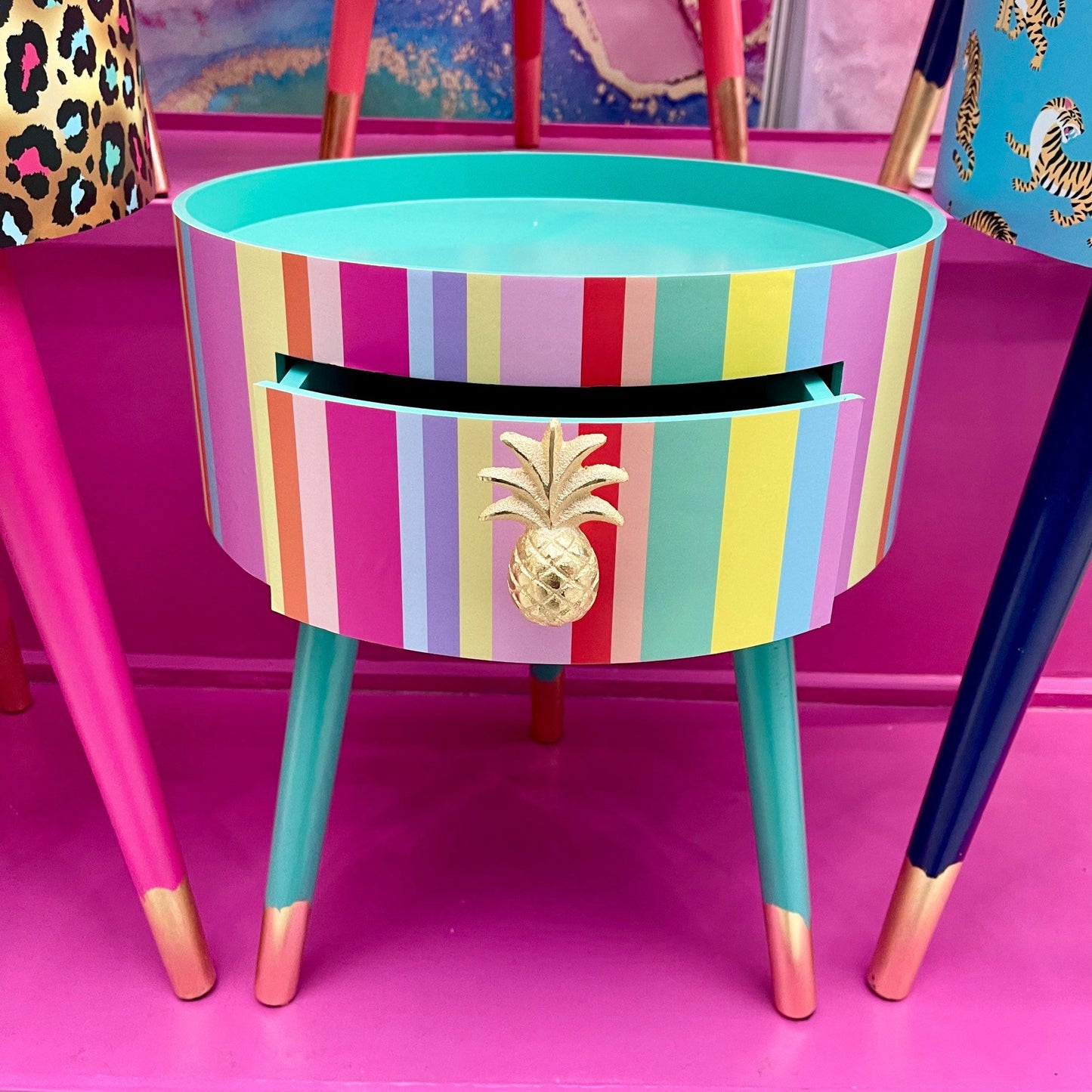 Rainbow - Refresher stripe  multicoloured round  side table . Circular wooden bedside table with drawer. Ideal Nighstand or bedside table