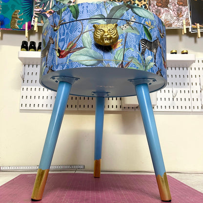 Round primrose yellow and baby blue zebra side table, leaf and tropical design Nightstand with drawer . Quirky fun table