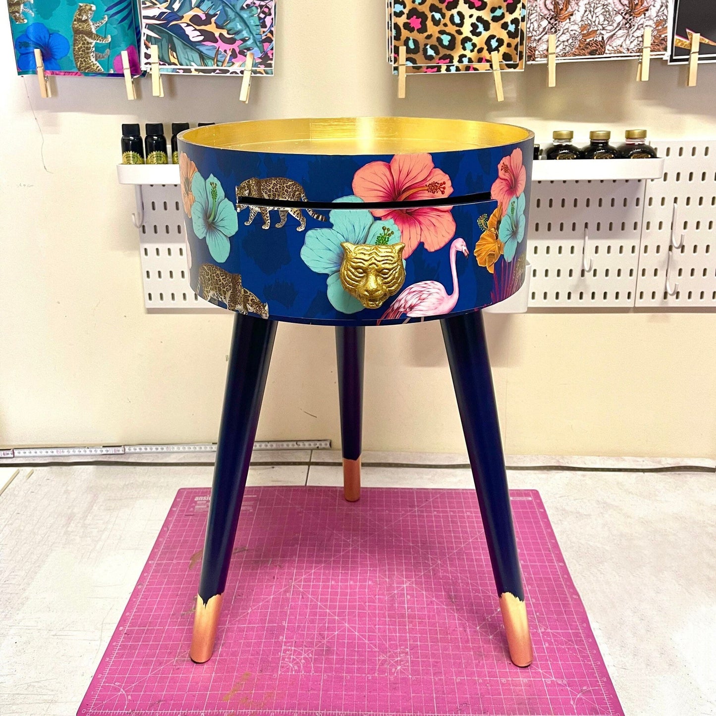 Flocking Fab - Navy and Gold blue side table. Round wooden table with drawer in leopard and flamingo Personalised nightstand and side table.