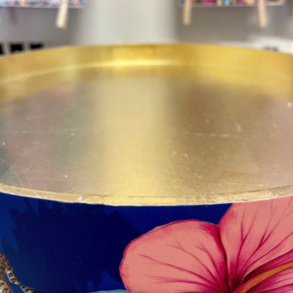 Flocking Fab - Navy and Gold blue side table. Round wooden table with drawer in leopard and flamingo Personalised nightstand and side table.