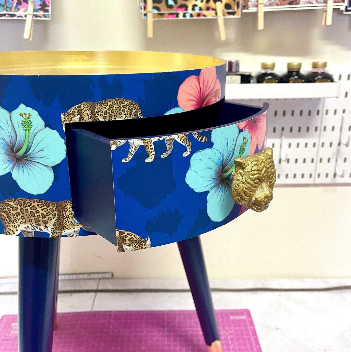 Flocking Fab - Navy and Gold blue side table. Round wooden table with drawer in leopard and flamingo Personalised nightstand and side table.