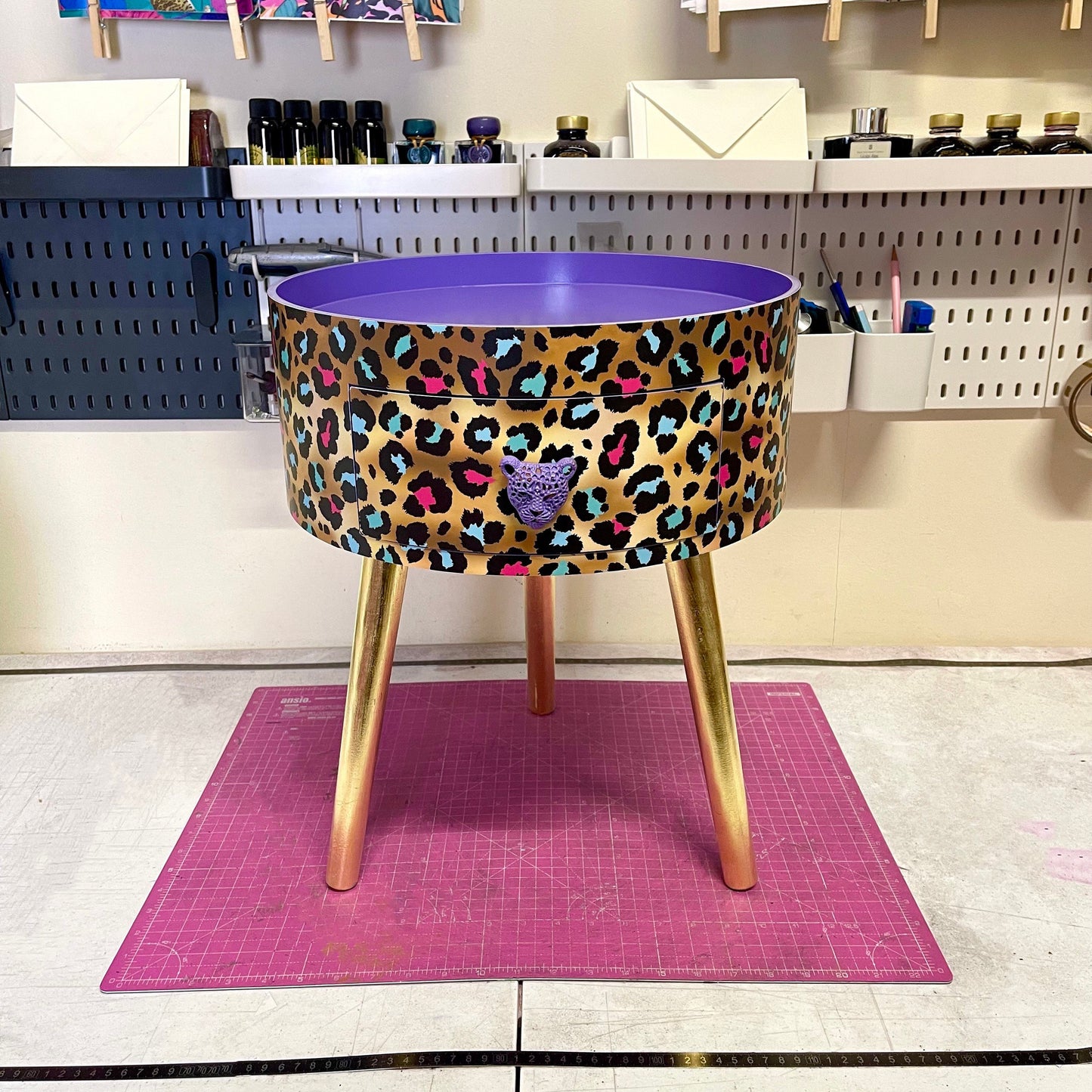 Leopard Print - Gold Lilac purple, pink leopard round bedside table . Fun Bright Home Decor . Ideal for Nightstand or side table. Cheetah Print gold design