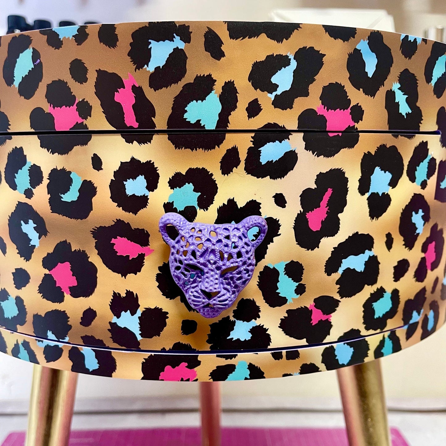 Leopard Print - Gold Lilac purple, pink leopard round bedside table . Fun Bright Home Decor . Ideal for Nightstand or side table. Cheetah Print gold design