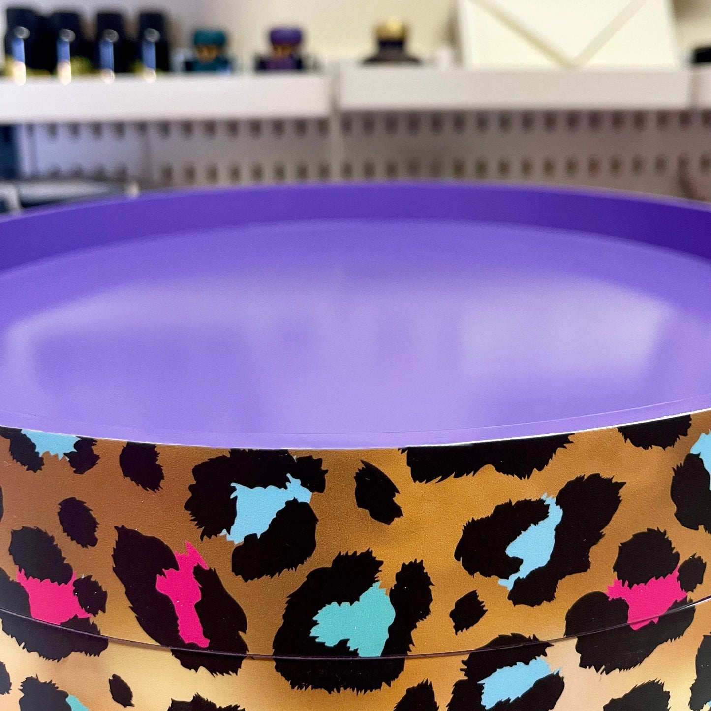Leopard Print - Gold Lilac purple, pink leopard round bedside table . Fun Bright Home Decor . Ideal for Nightstand or side table. Cheetah Print gold design