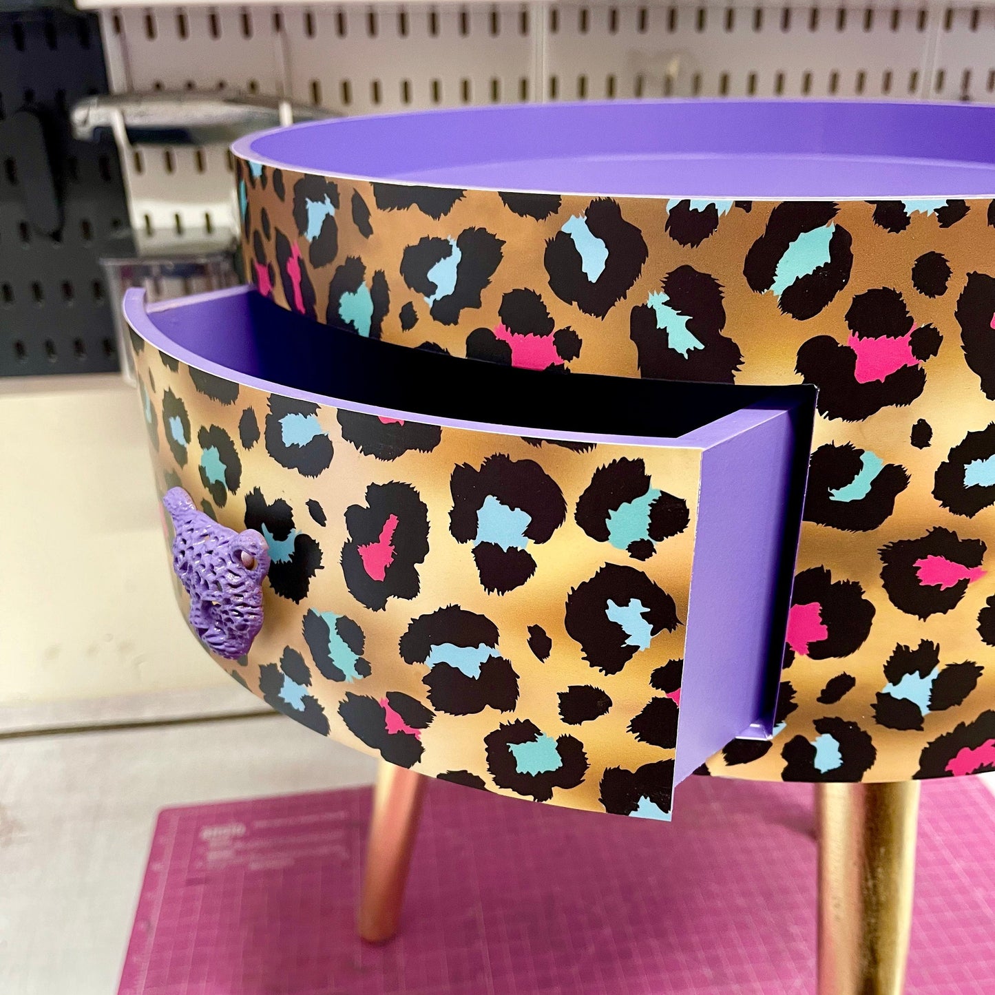 Leopard Print - Gold Lilac purple, pink leopard round bedside table . Fun Bright Home Decor . Ideal for Nightstand or side table. Cheetah Print gold design