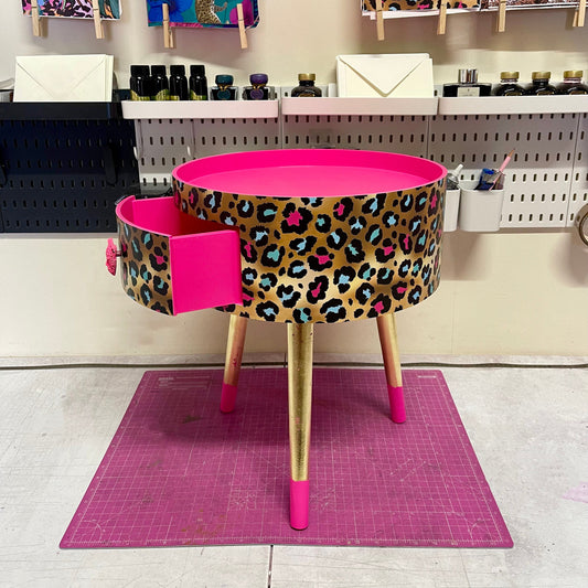 Leopard Print - Gold Hot Pink Magenta leopard round bedside table . Fun Bright Home Decor . Ideal for Nightstand or side table. Cheetah Print gold leaf design