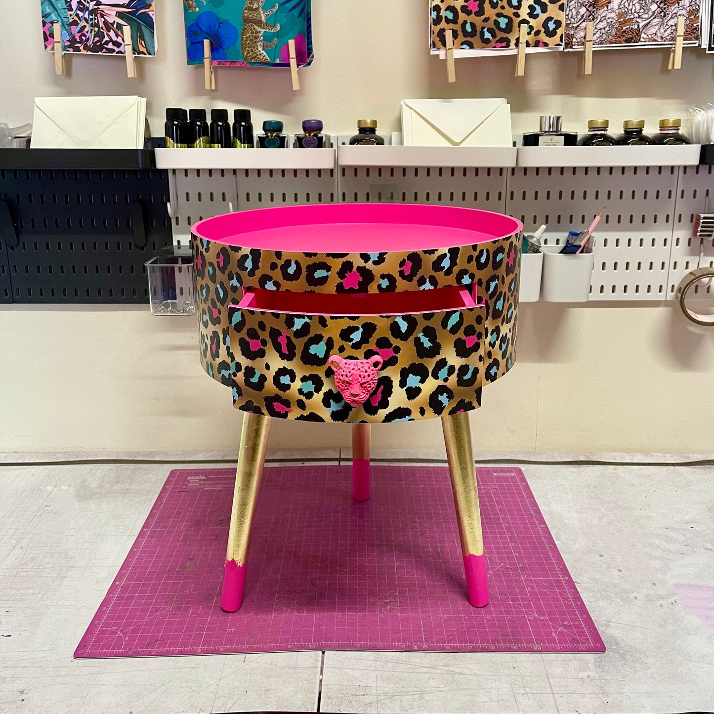 Leopard Print - Gold Hot Pink Magenta leopard round bedside table . Fun Bright Home Decor . Ideal for Nightstand or side table. Cheetah Print gold leaf design